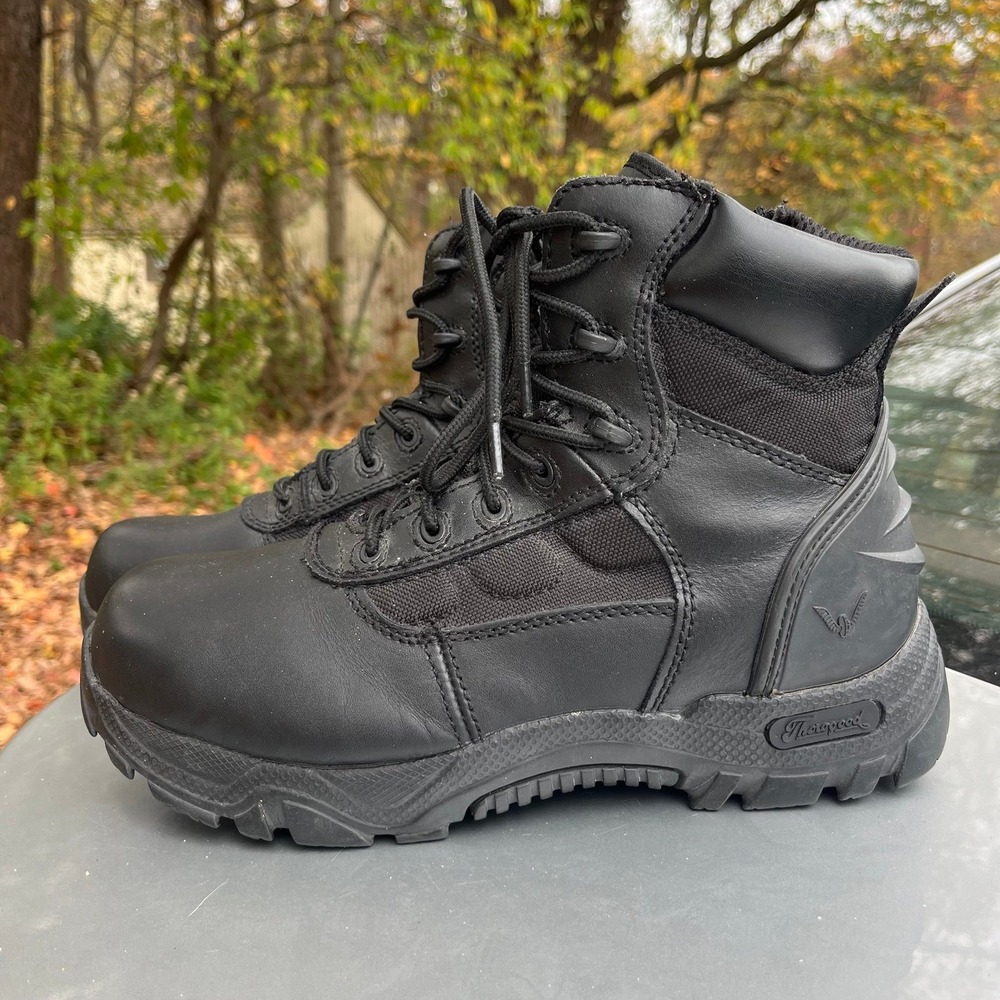 Black leather military boots with zipper, featuring a waterproof design